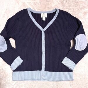 Stitches In Time Ribbed Cardigan Navy Blue Light Trim Elbow Patches Cotton L